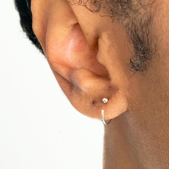 SILVER BALL HUGGIE HOOP EARRINGS - Picture 3 of 5